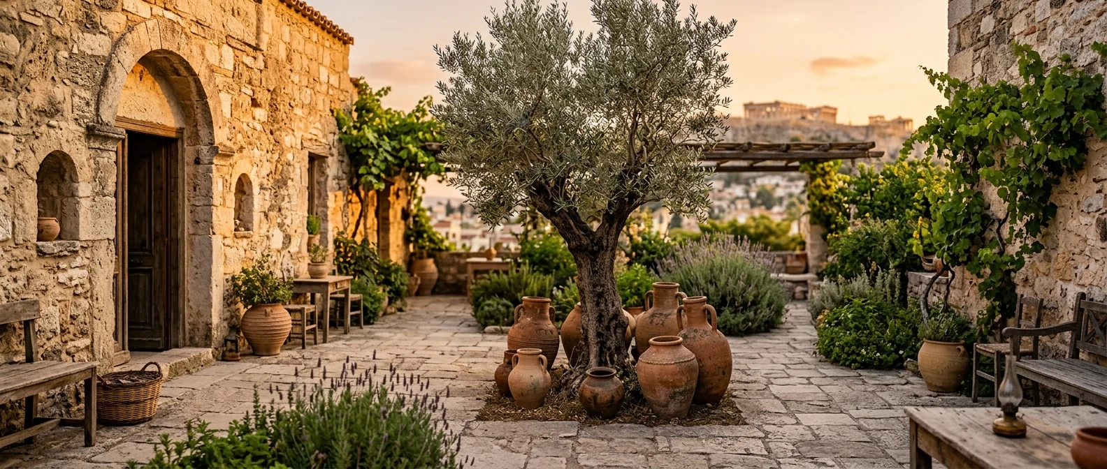 A sunlit ancient Greek-style stone house courtyard with terracotta amphorae and an olive tree