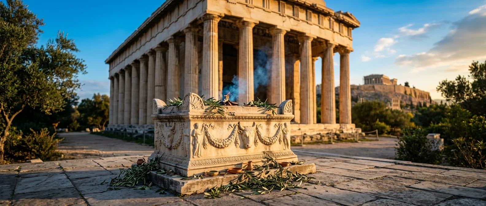 A softly sunlit ancient Greek altar at golden hour with garlands and the smoke of a small fire