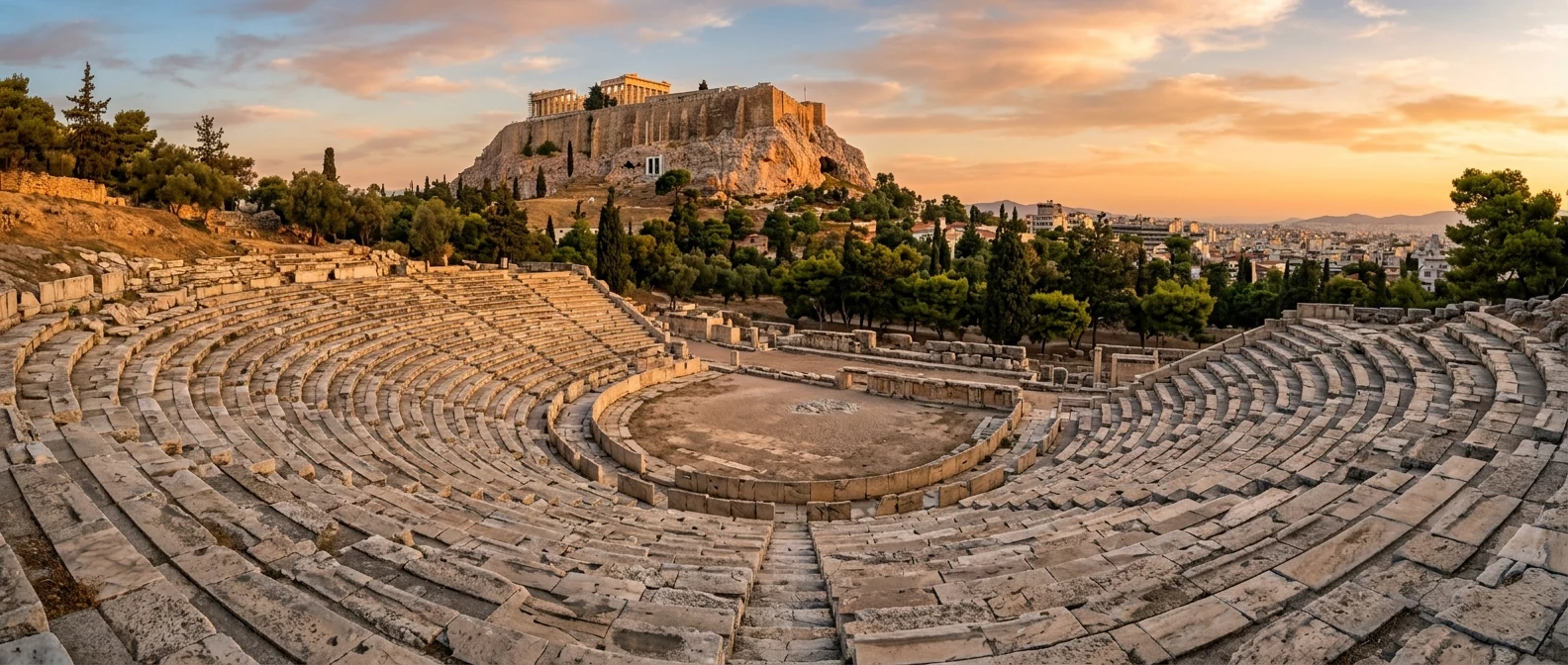 The ancient Theatre of Dionysus on the south slope of the Acropolis at golden hour
