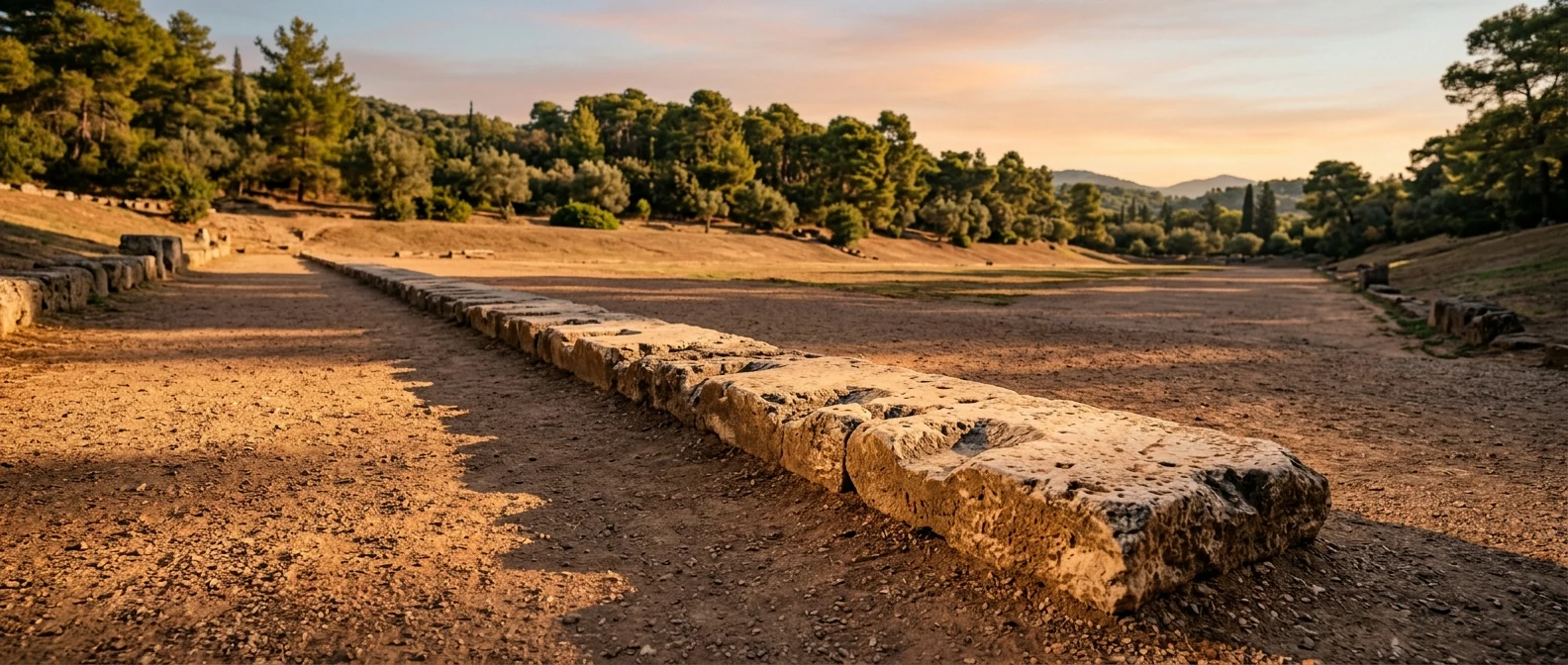 The marble starting blocks at the ancient stadium of Olympia at golden hour