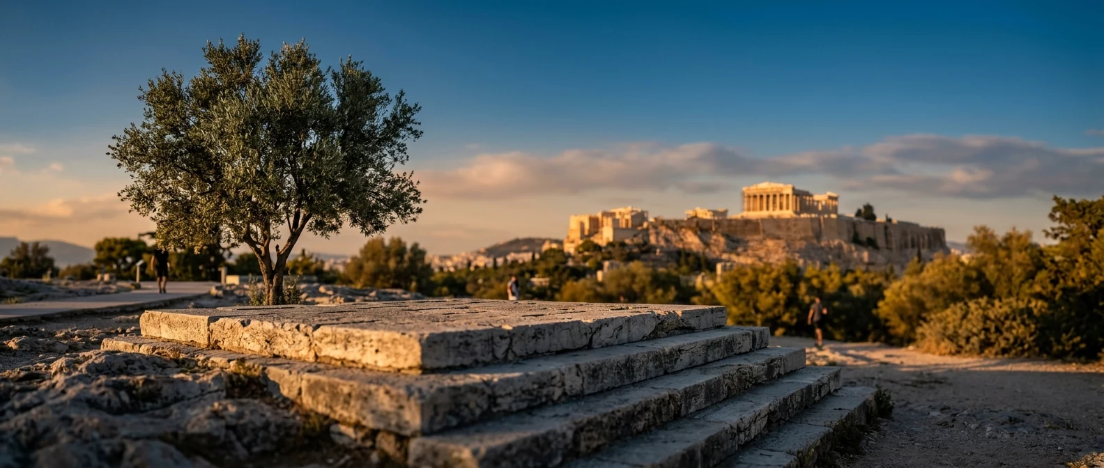 The Pnyx speakers' platform at golden hour with the Acropolis in the distance