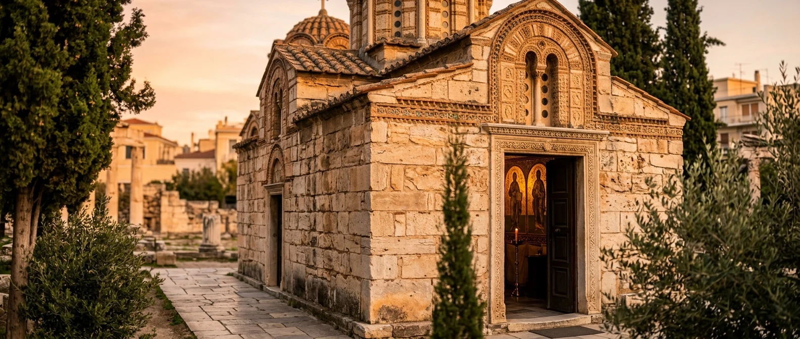 A small Byzantine stone church in central Athens at golden hour with golden mosaic icons inside