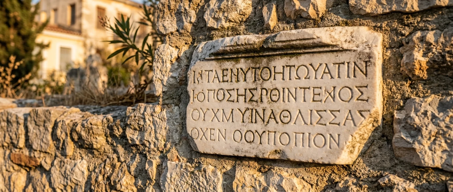 An old engraved marble Greek inscription at golden hour with dramatic warm side-light