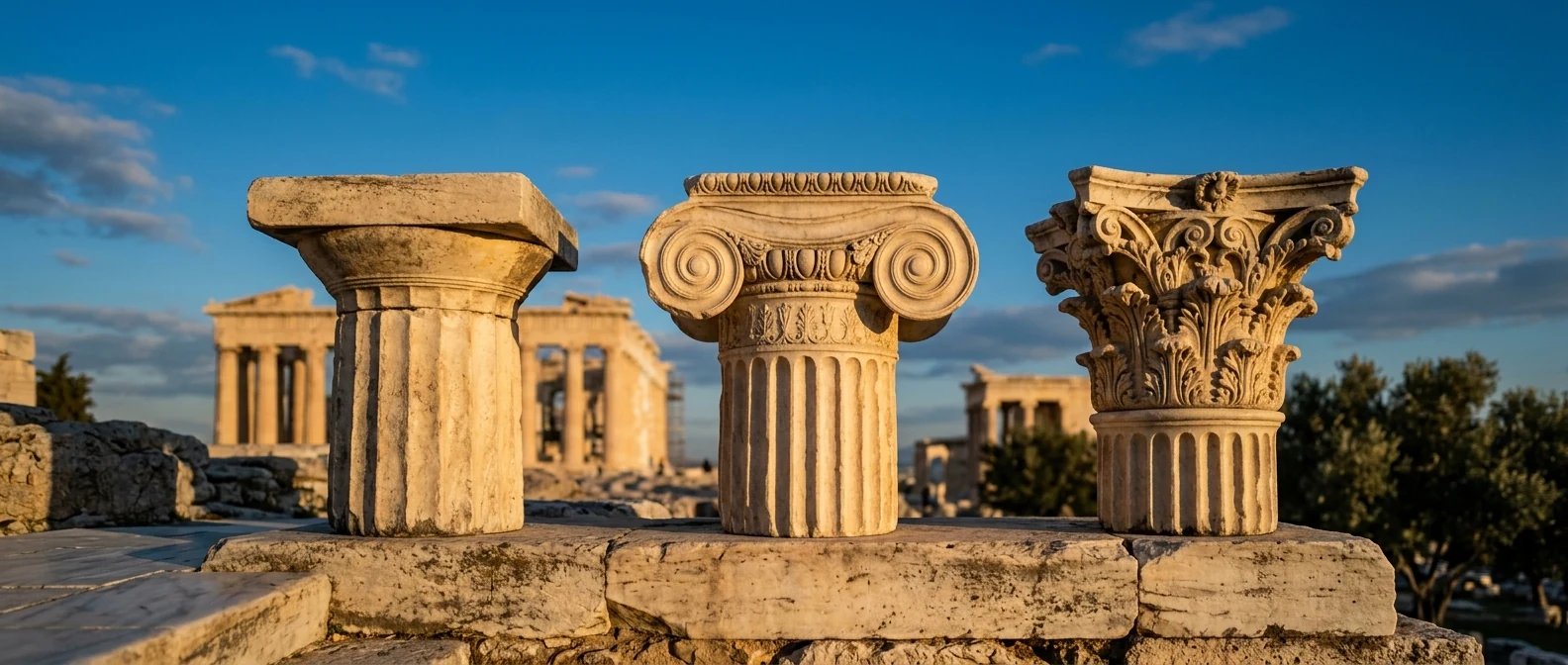Τρία διαφορετικά ελληνικά κιονόκρανα δίπλα-δίπλα στο χρυσό φως του ηλιοβασιλέματος — Δωρικό, Ιωνικό και Κορινθιακό