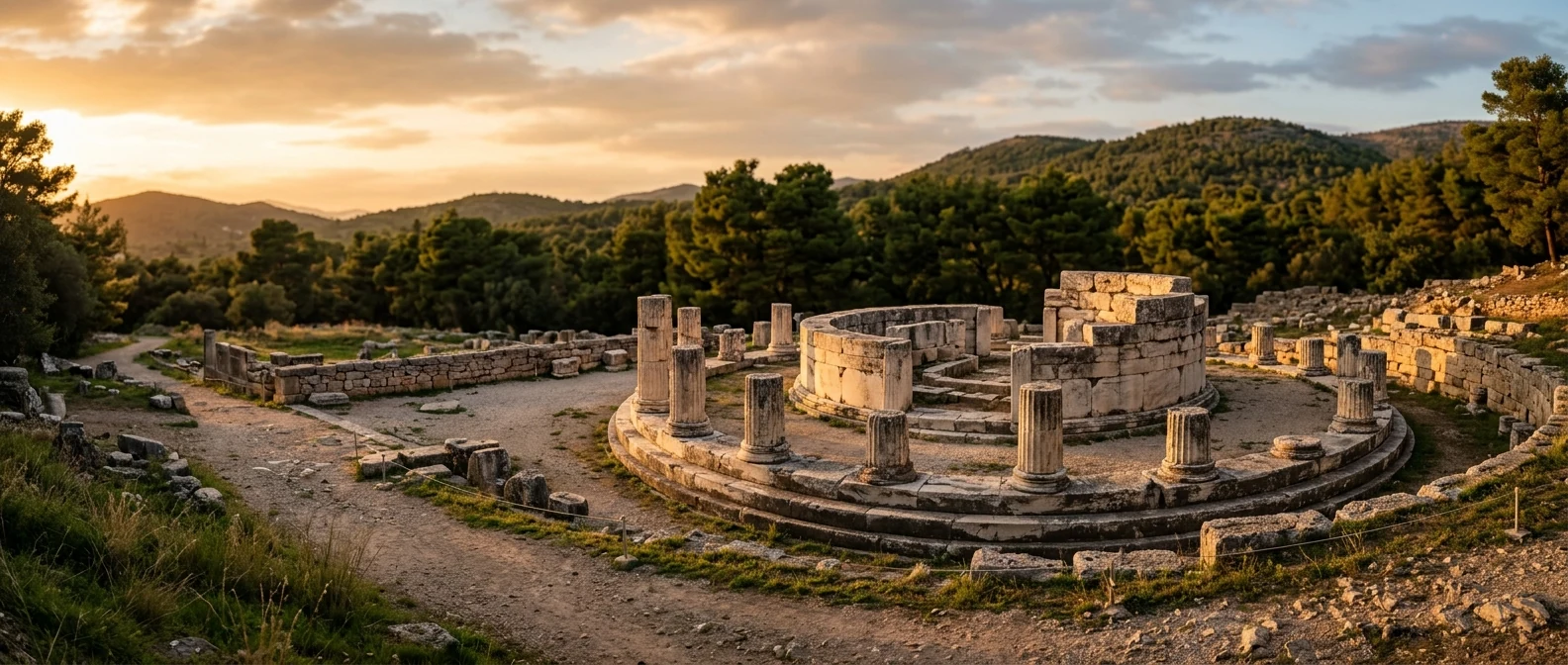 The ruined Tholos at the Asklépion of Epidaurus at golden hour with limestone foundations