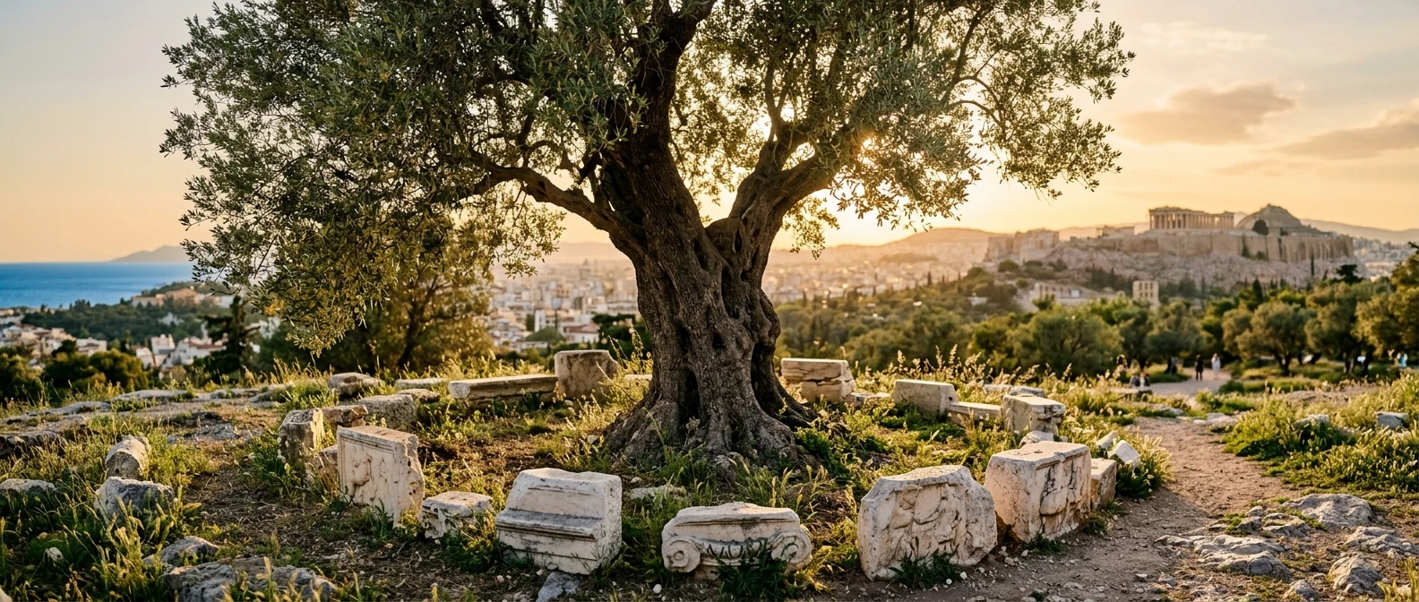 An ancient olive tree in a sunlit Athenian park with weathered marble fragments around the base