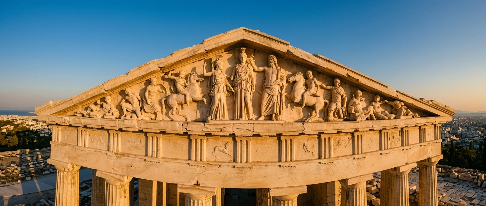 A dramatic ancient marble pediment of an Athenian temple at golden hour with carved Greek gods
