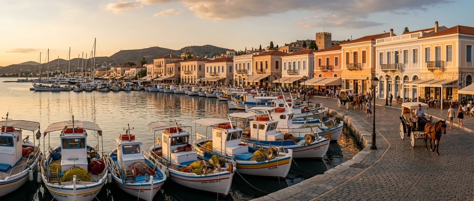 Λιμάνι της Αίγινας με ψαρόβαρκες και νεοκλασικά κτίρια στην προκυμαία