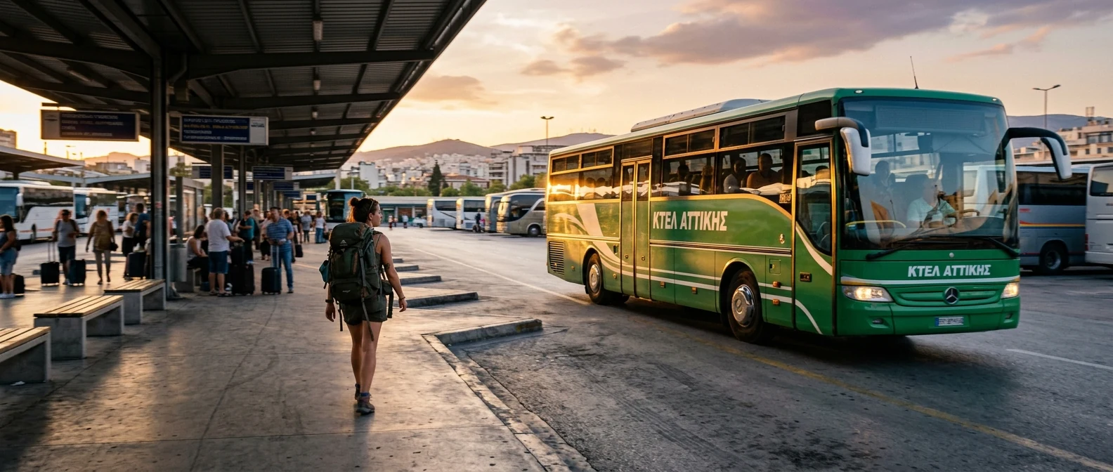 A green KTEL intercity bus pulling out of an Athens station at golden hour