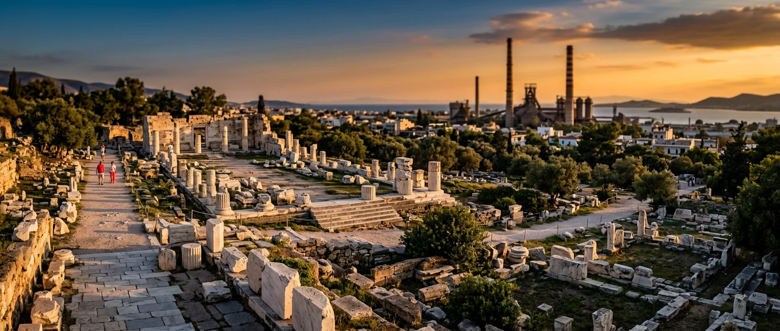 Marble ruins of ancient Eleusis at golden hour with abandoned industrial chimneys behind
