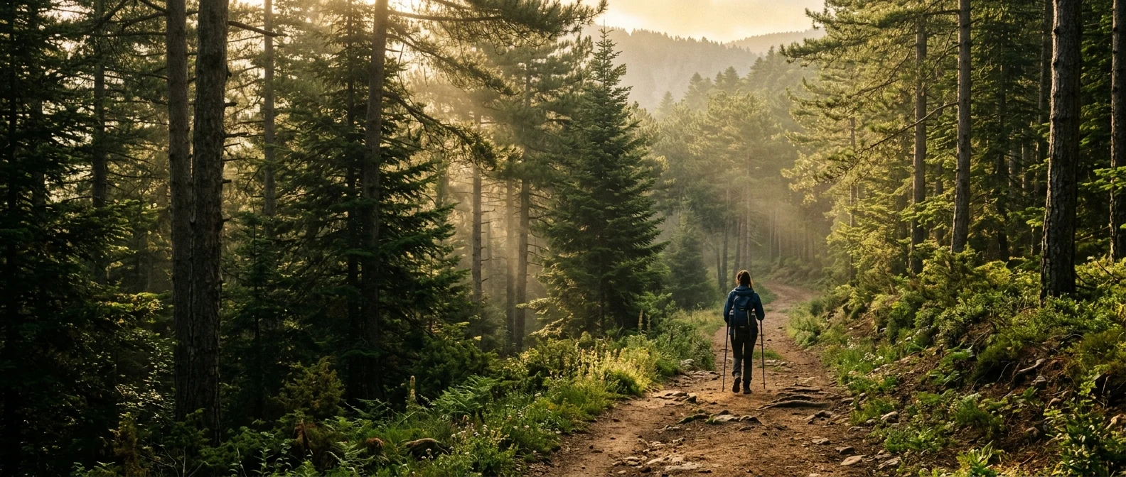 A misty pine-forested mountain trail on Mount Parnítha with dappled sunbeams