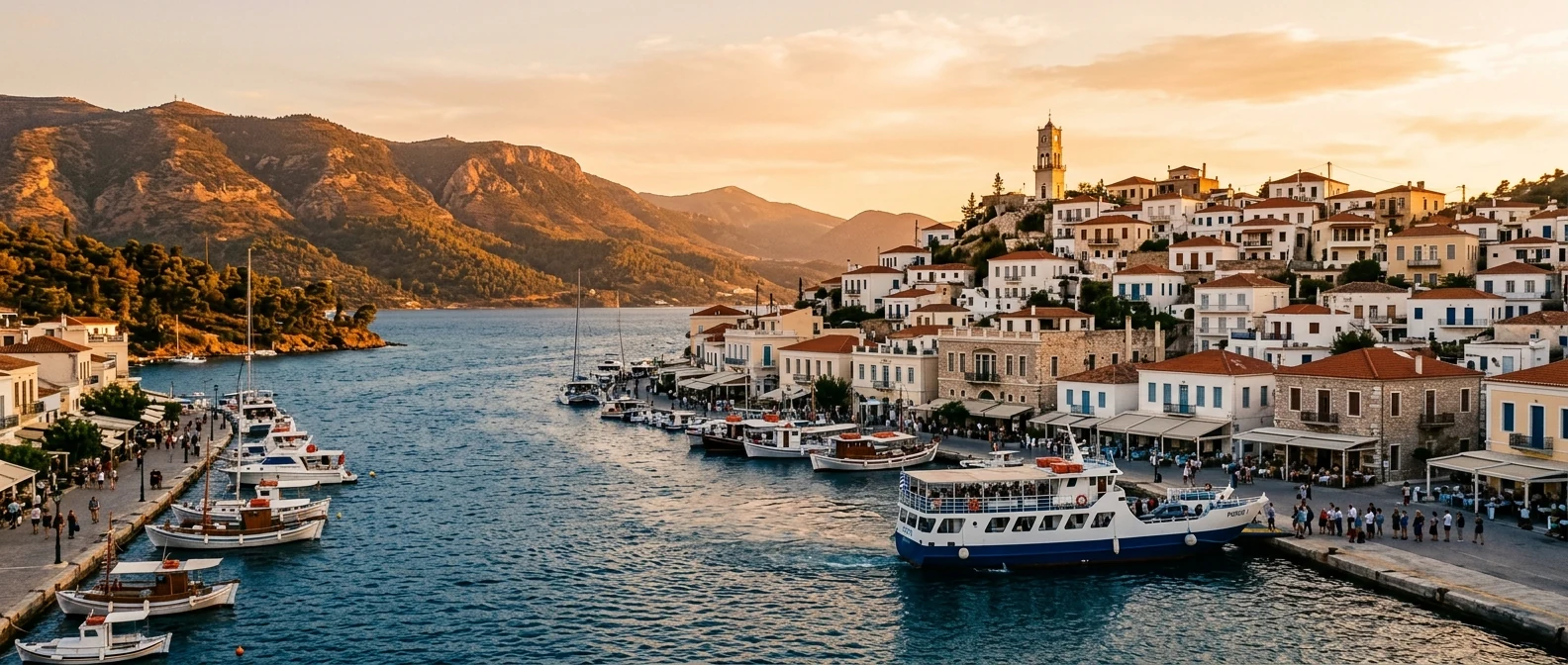 Το λιμάνι του Πόρου με το ρολόι στον λόφο
