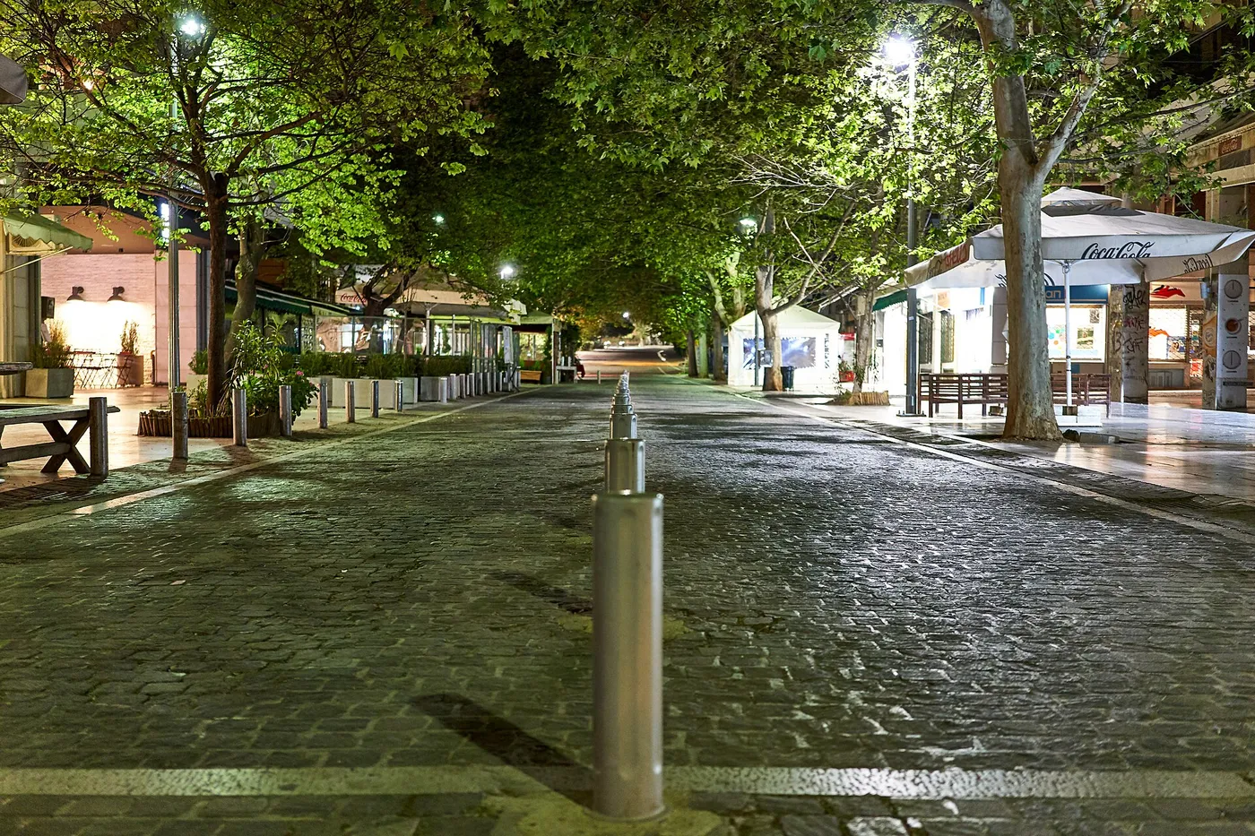 나무와 가로등이 있는 밤의 디오니시우 아레오파기투 보행자 거리
