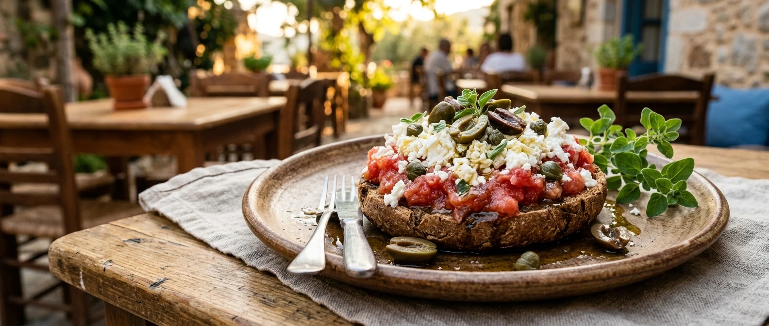 A traditional Cretan dakos with grated tomato, mizithra cheese and olive oil