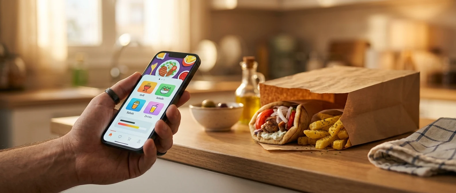 A smartphone showing a food-delivery app next to a Greek souvlaki takeaway bag