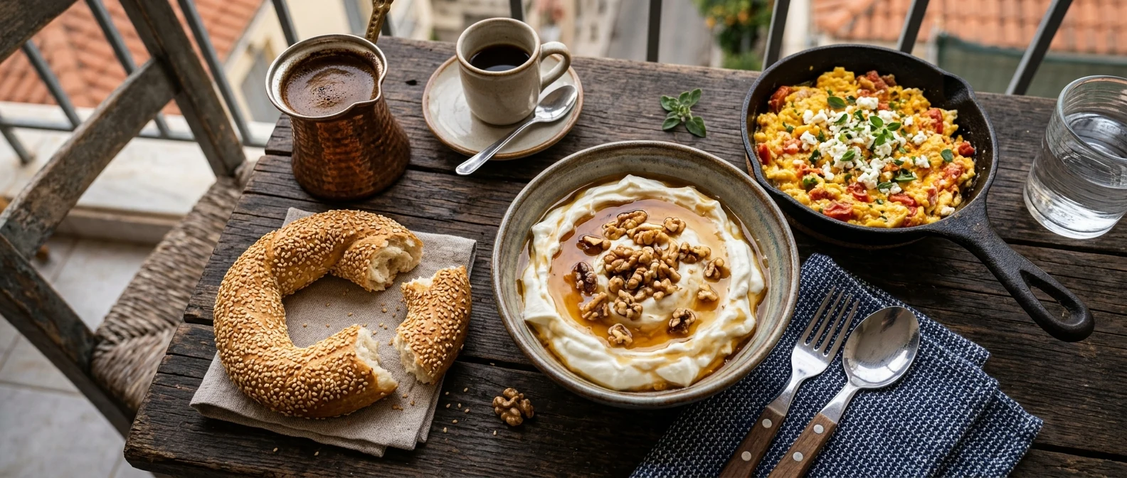 Σερβίτσιο με γιαούρτι, μέλι και καρύδια, ψωμί και ελιές, ελληνικό πρωινό