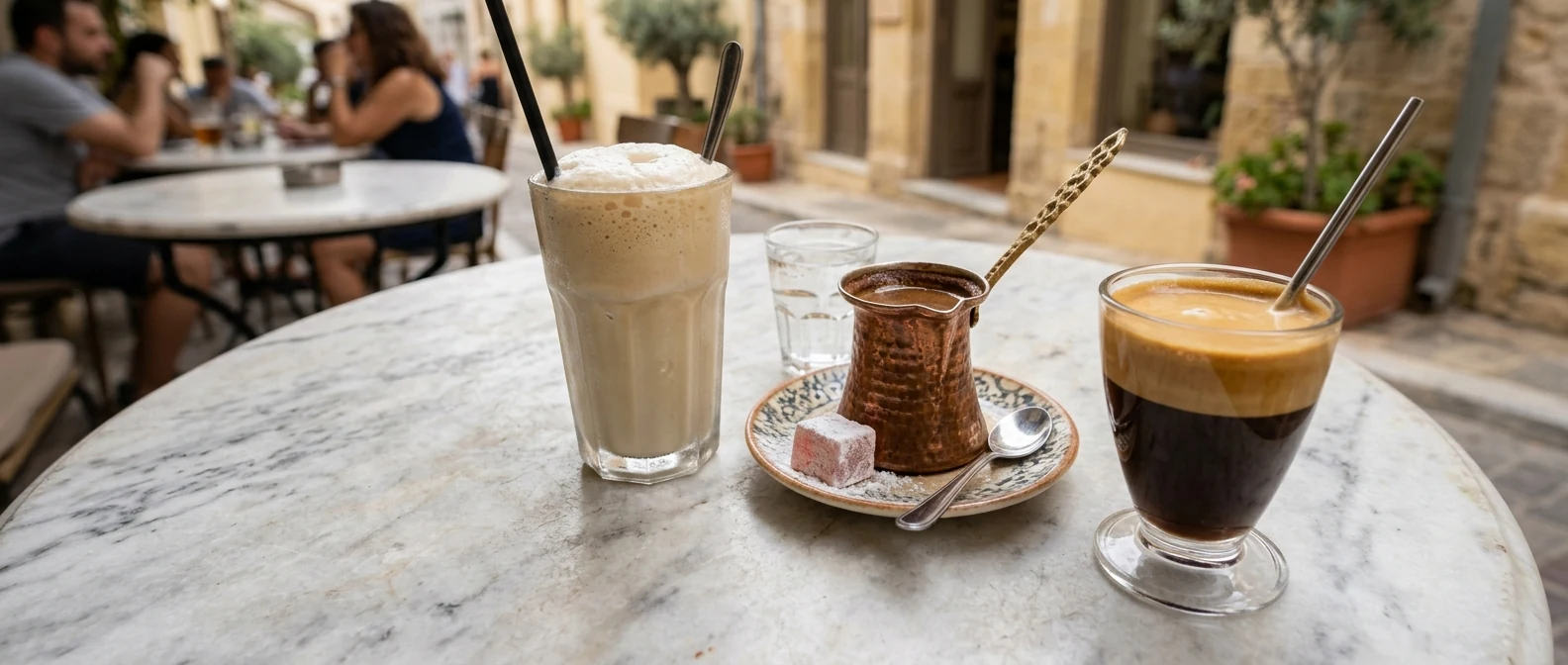 A frappé, a freddo espresso and a Greek coffee in a copper briki on a marble café table