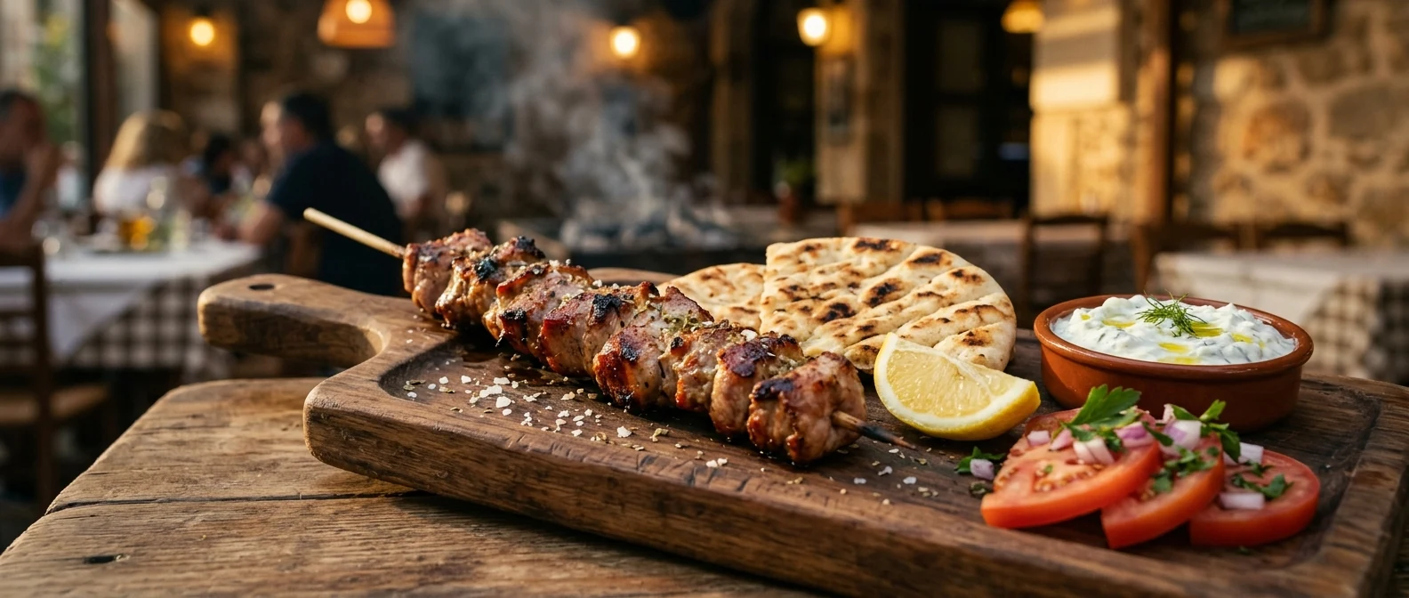 Freshly grilled pork souvlaki skewer with pita, lemon and tzatziki