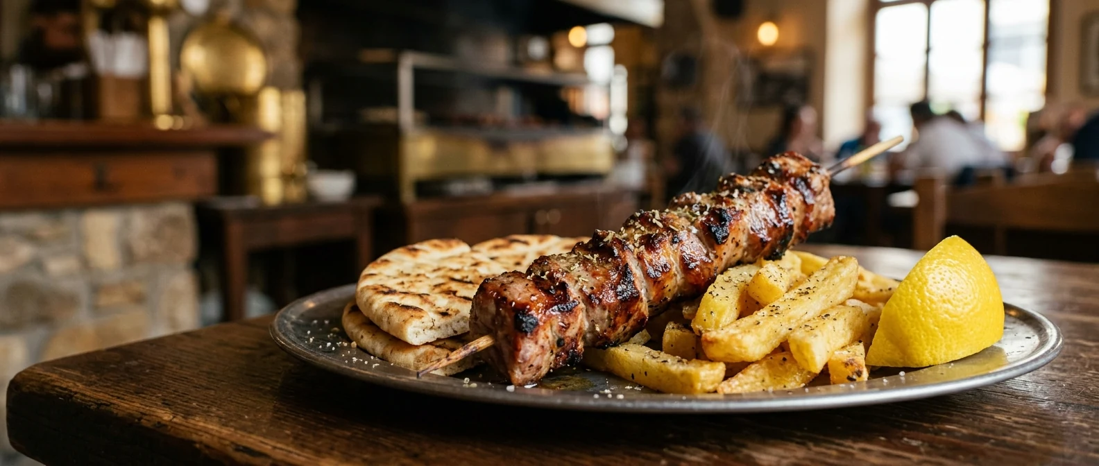Plate with pork souvlaki skewer, lemon, grilled pita and fries — To Kalamaki tis Kyra-Sofias on Victoria Square