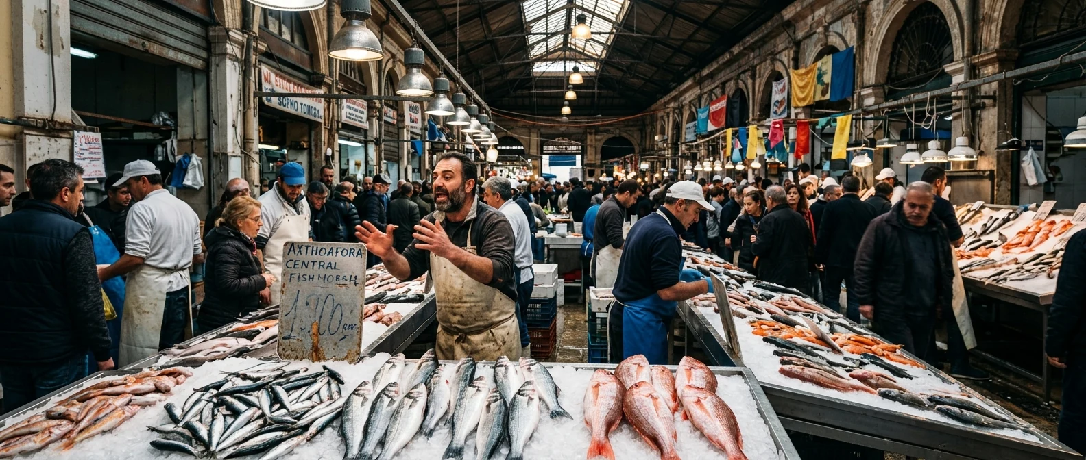 The bustling fish hall of Varvakeios Central Market in Athens