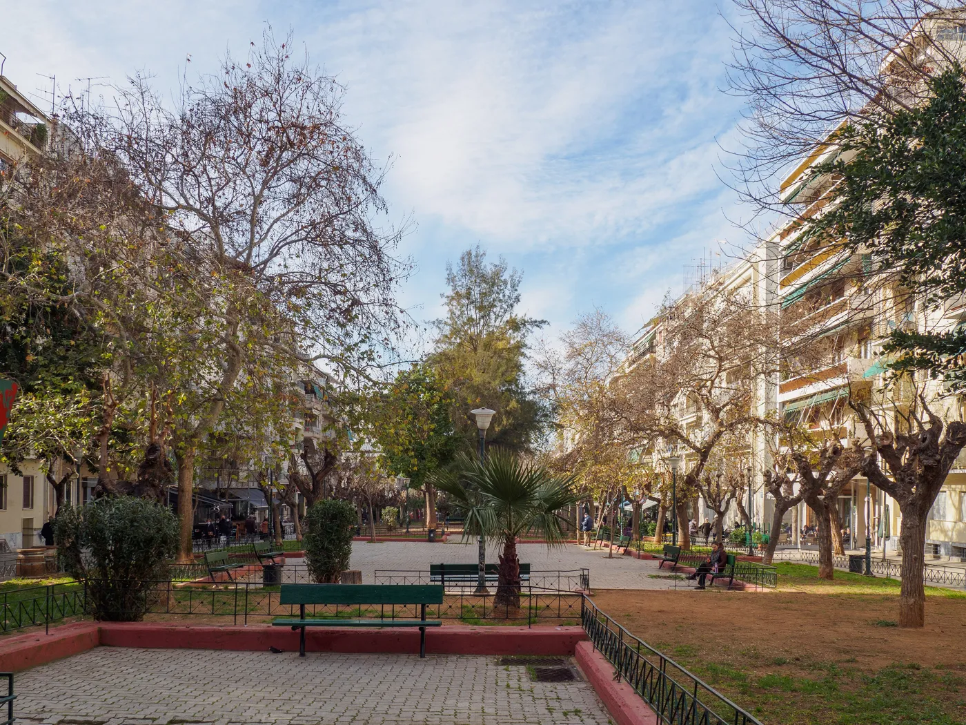 Fokionos Negri 步行街上的长椅和棕榈树，两边是公寓楼