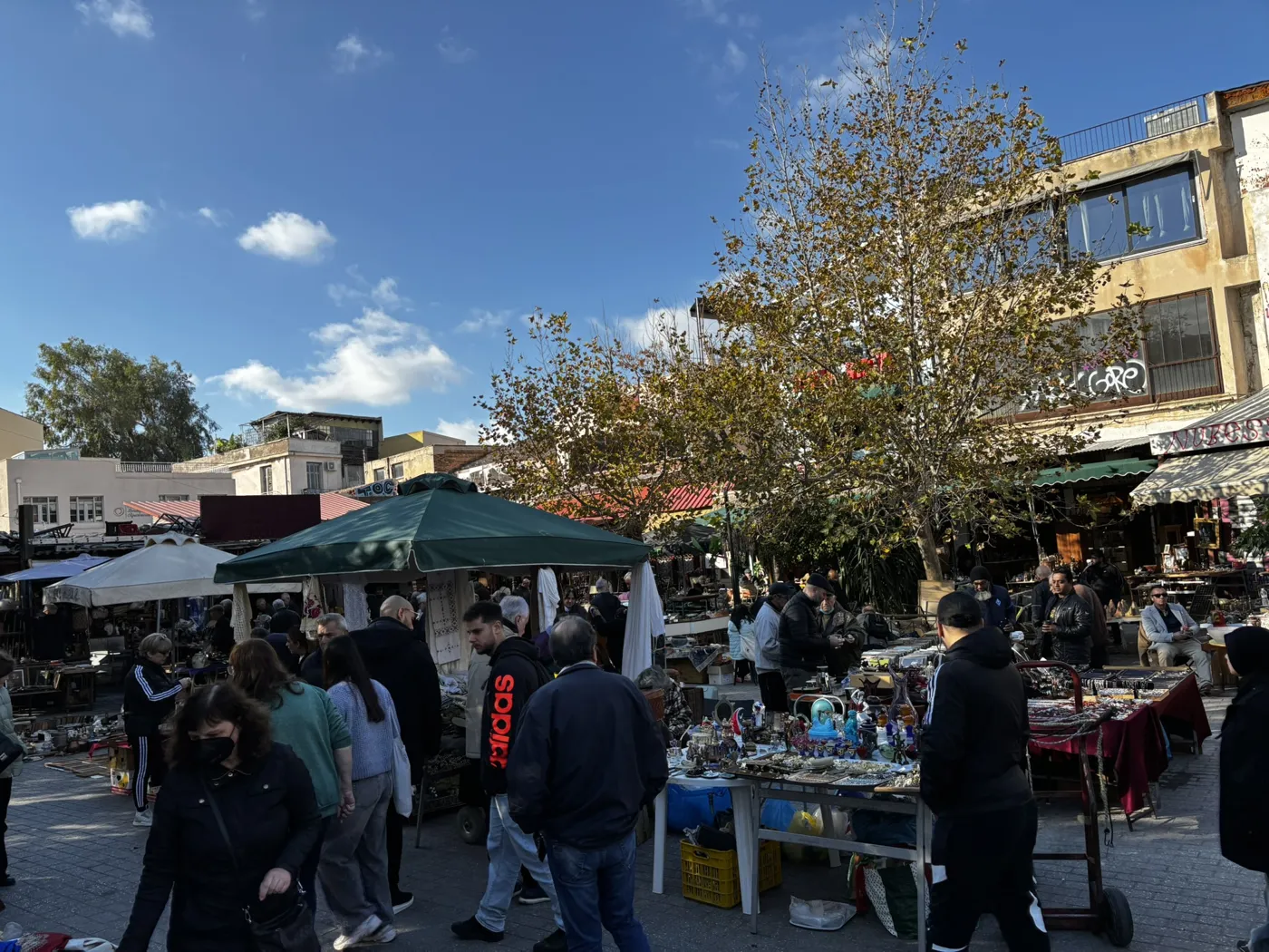 莫纳斯蒂拉奇周日跳蚤市场树下摆满旧货的摊位