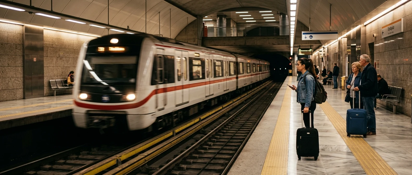 An Athens Metro train arriving at an underground platform with travellers waiting