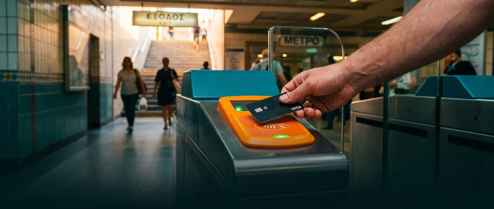 Passenger tapping a contactless bank card at an Athens metro gate reader