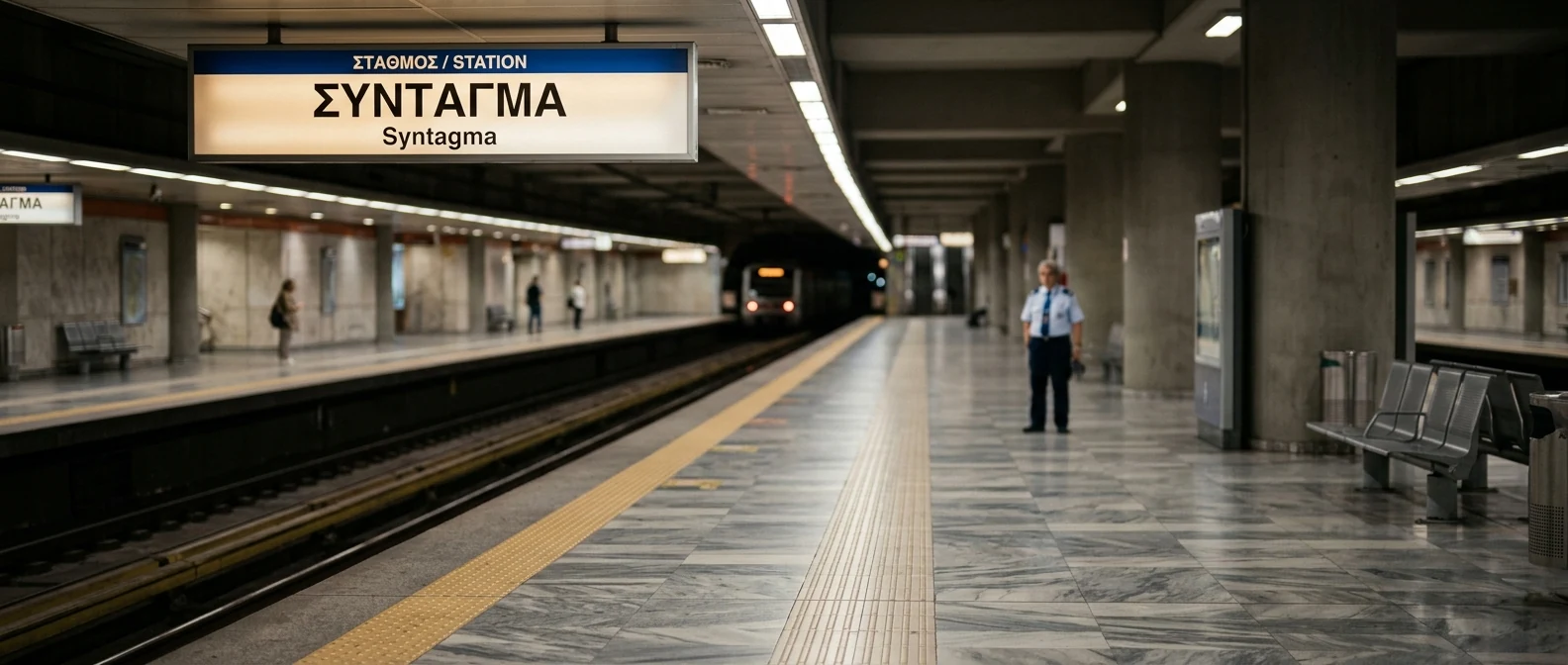 A quiet, mostly-empty Athens Metro platform during a partial strike