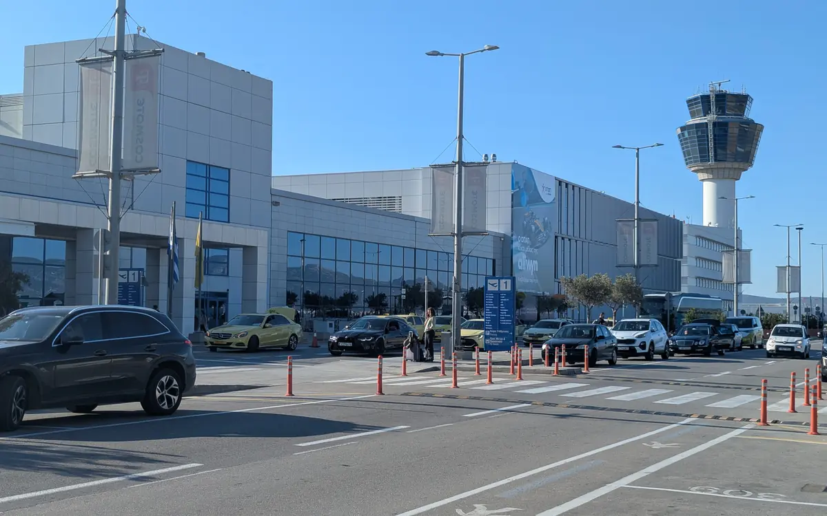 Exterior view of the Athens Eleftherios Venizelos airport building with the control tower