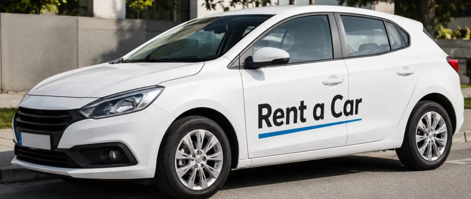 White rental car with a Rent a Car sign parked on a street in Athens