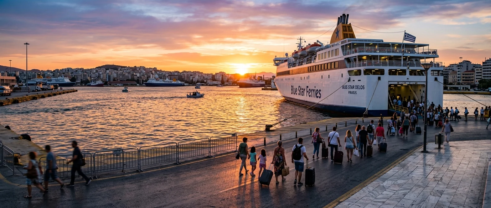 Piraeus port at sunset with a docked Greek ferry and passengers walking along the quay