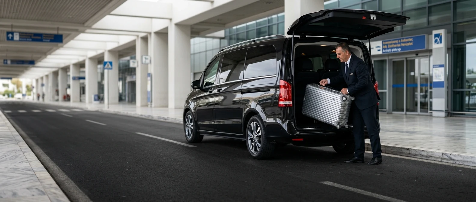 A premium minivan at Athens Airport arrivals with a driver loading a suitcase