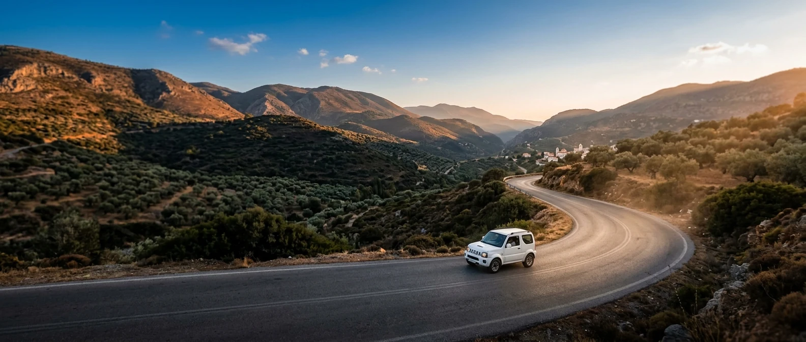 A small white rental car on a winding mountain road outside Athens at golden hour