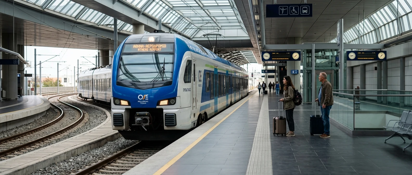 A Greek Proastiakós suburban-rail train arriving at Athens Airport station