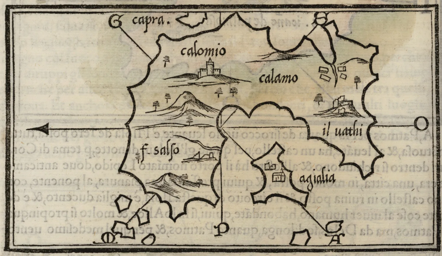 Un mapa xilográfico de Kálimnos de 1547, con la isla, castillos, montañas y la palabra Calamo