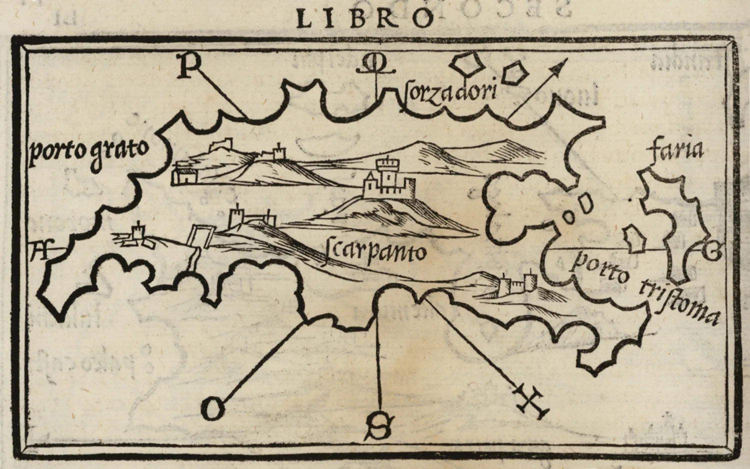 Une carte gravée sur bois de Karpathos de 1547, avec l’île, des châteaux, des ports et le mot Scarpanto