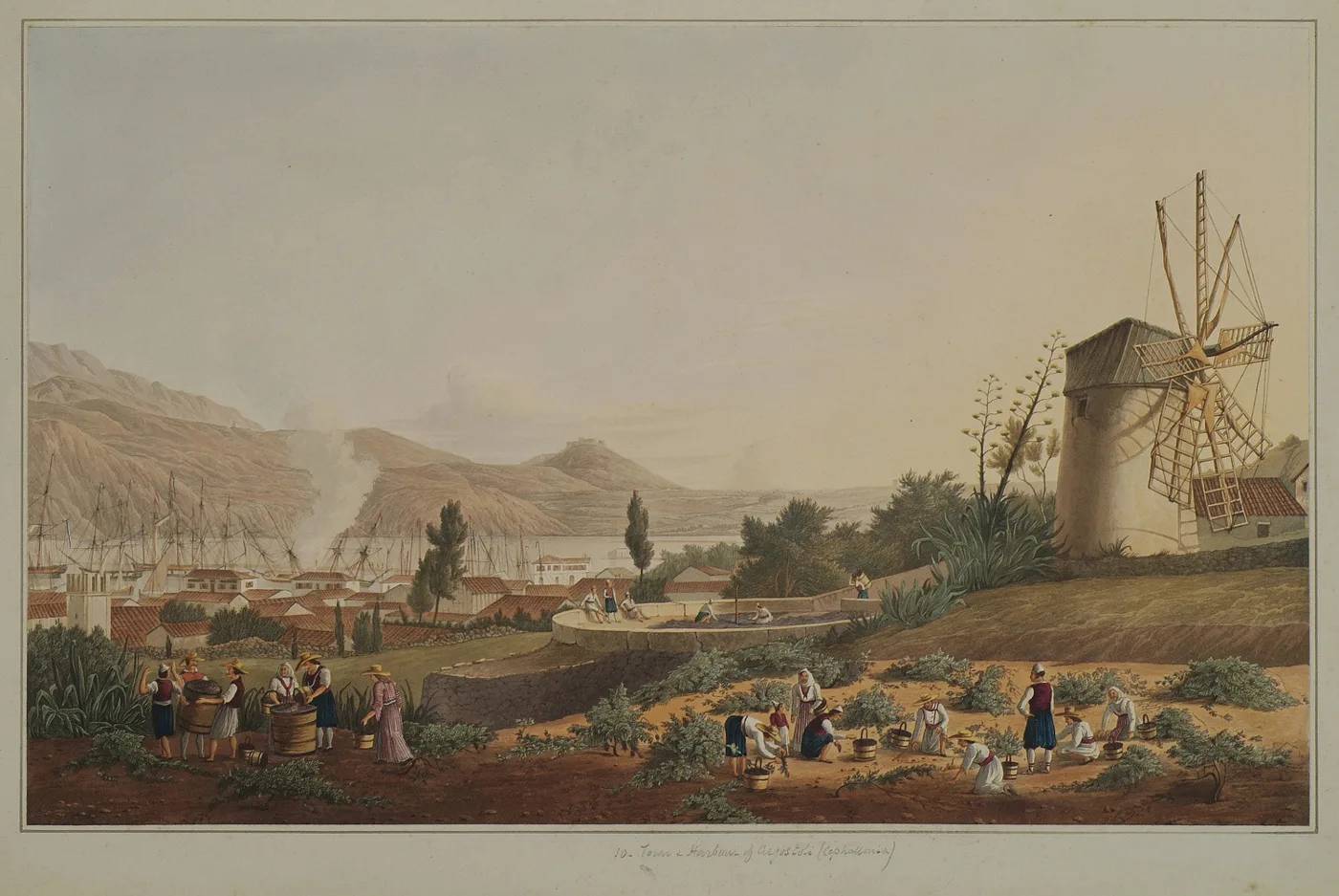 1821년 그림. 풍차, 사람들, 멀리 아르고스톨리 항구가 보여요