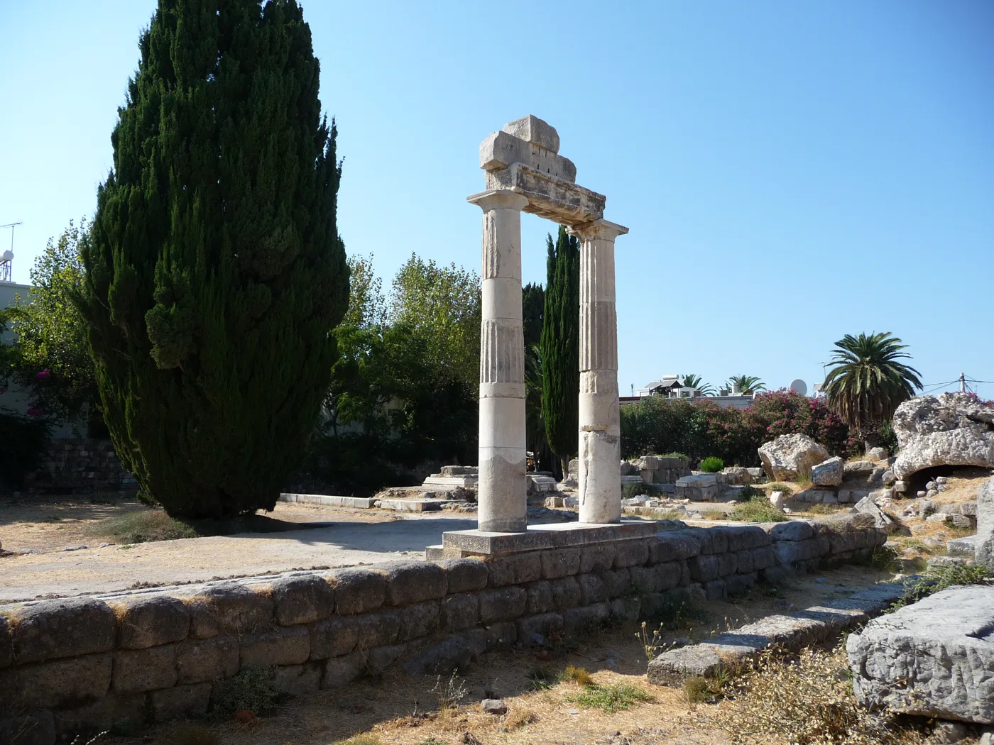 Due colonne in piedi nel sito dell’Agorà antica di Kos, con un cipresso e palme