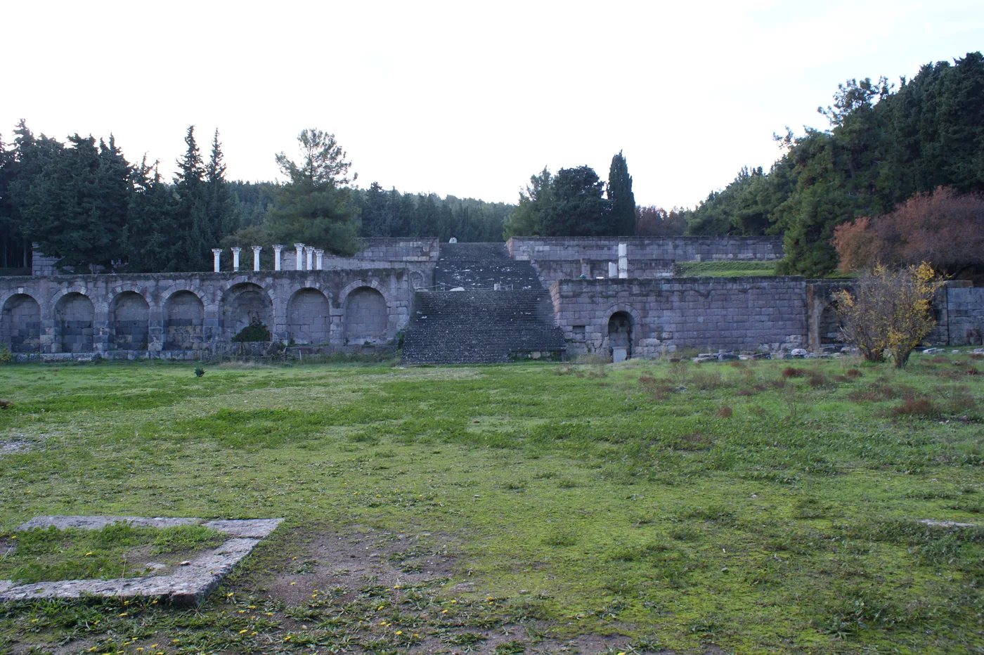 Le terrazze e le scalinate dell’Asklepieion di Kos, con cipressi e pini alle spalle