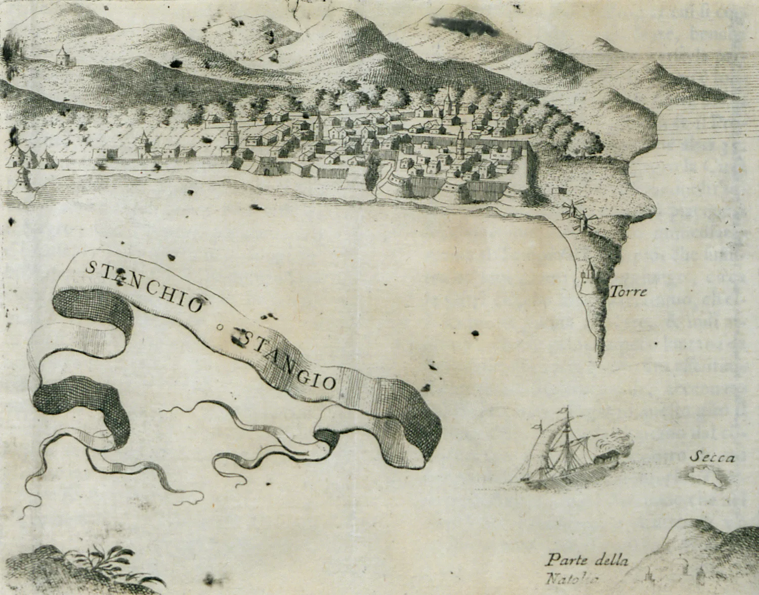Un’antica incisione del 1688 con la città di Kos, il castello sul porto, mulini a vento e montagne alle spalle