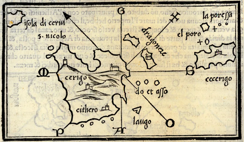 Une carte gravée sur bois de Cythère de 1547, avec l’île, les îlots alentour et l’inscription cerigo