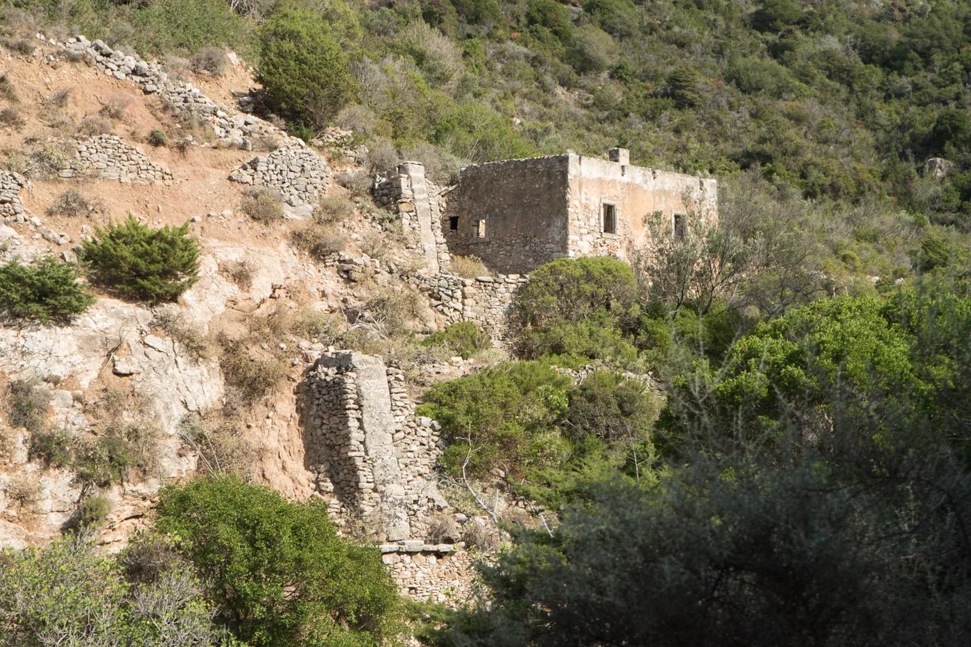 Des moulins à eau en pierre en ruine dans la verdure, dans le ravin de Mylopotamos
