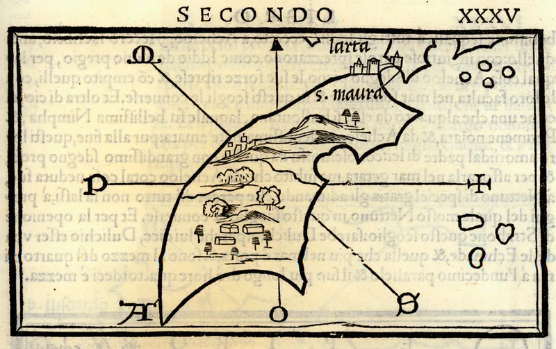 Une ancienne carte gravée sur bois de Lefkada de 1547, avec la forme de l’île, des villages et le château de Santa Maura