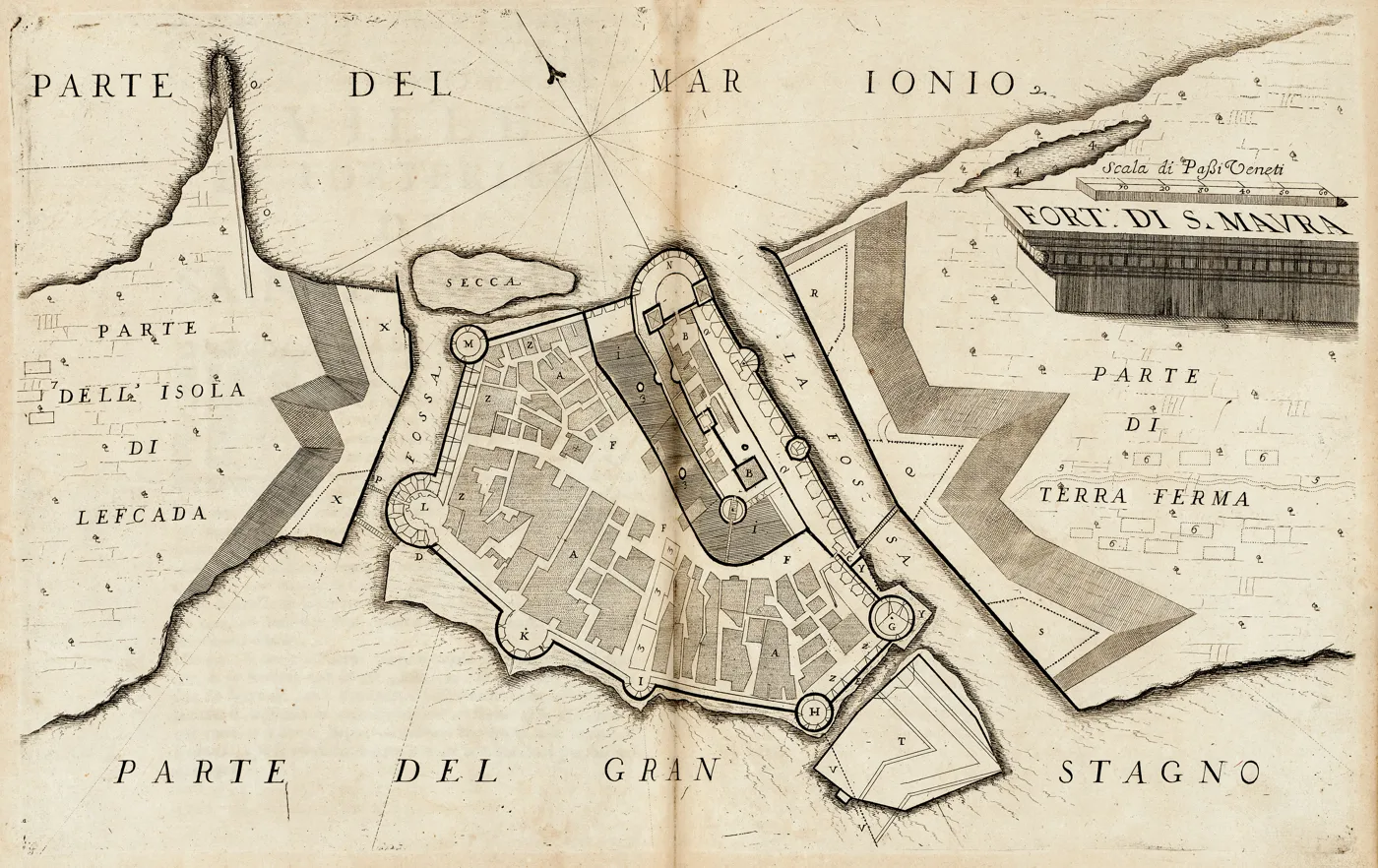 Un ancien plan de 1687 avec le château de Santa Maura, la ville et la lagune