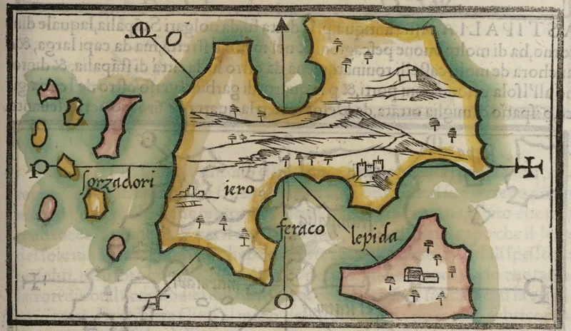 Una mappa xilografica di Leros del 1547, colorata a mano, con l’isola e gli isolotti intorno