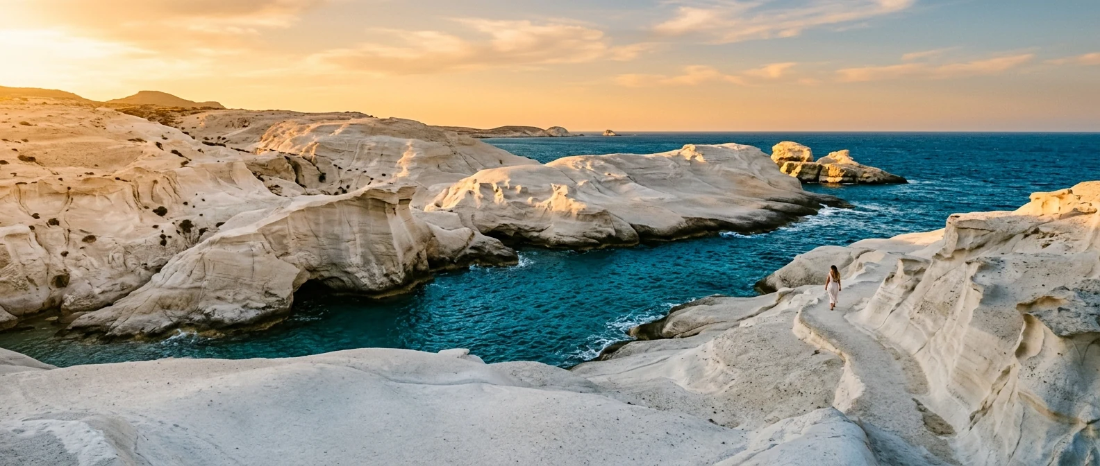 Sarakiniko beach on Milos at golden hour with sculpted white volcanic rock formations