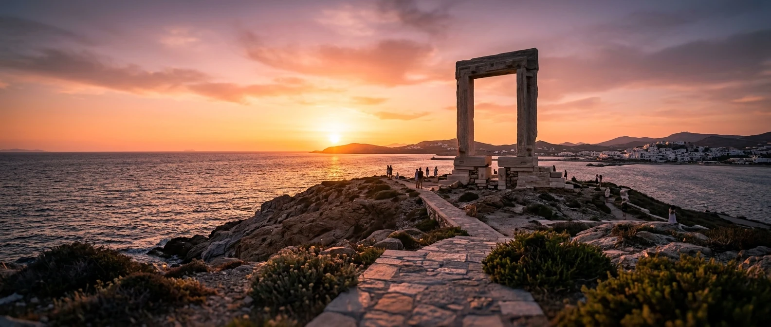 The Portara of Naxos at golden hour silhouetted against an orange sea and pastel sky