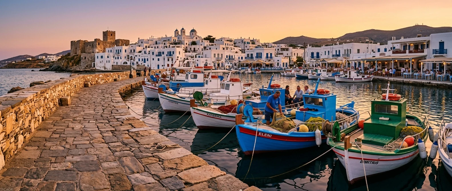 The harbour of Naoussa, Paros at golden hour with traditional fishing boats and white-washed façades