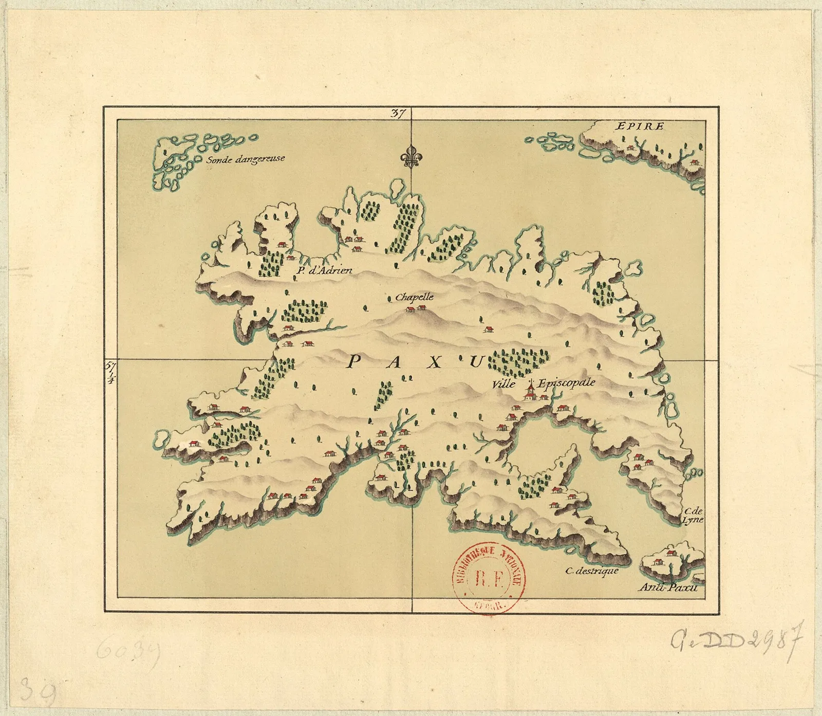 Una mappa disegnata a mano di Paxos con il nome PAXU, con colline, uliveti e la baia di Gaios